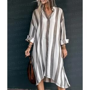 Cozinen Striped Knee Length Shirt Dress Long Sleeve Linen Brown White Womens L